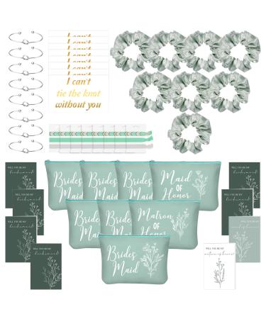 Cunno 48 Pcs Bridesmaid Proposal Gifts Wedding Maid of Honor Gifts Matron of Honor Gifts Bridal Shower Cosmetic Makeup Bags Scrunchies Hair Knotted Bracelets Invitation Cards for Bridesmaid  Green as shown in the picture
