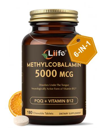 LIIFE Vitamin B12(Active Methylcobalamin) 5000 mcg | 6-in-1 Formula | Energy Support | Brain & Nervous System Health | 180 Chewable Tablets | Gluten Free