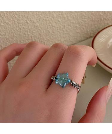 Sakeiou Harajuku Blauer Kristall Stern Pentagram Ring - Aesthetic Adjustable Women's Fashion Jewelry - Buy Online on GoSupps.com