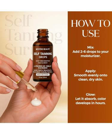 Hydrating Self Tanning Drops MEDIUM/DARK Face & Body Glow with DHA Hyaluronic Acid Niacinamide Buildable Streak Free Tan MYSTERE BEAUTE 1 fl oz - Buy Online on GoSupps.com