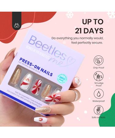 Beetles Press On Nails - Medium Coffin Red Fake Nails Kit | Reusable 14 Sizes | Christmas Nail Art with Glue & File - Buy Online on GoSupps.com