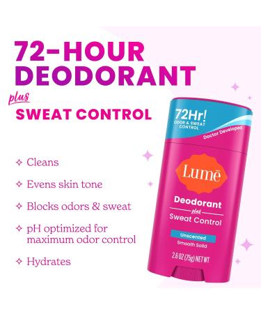Lume Deodorant Plus Sweat Control - Smooth Solid Stick - Maximum Strength Antiperspirant - 72 Hour Odor And Sweat Control - Baking Soda Free Skin Loving - 3.0 ounce (Unscented) - Buy Online on GoSupps.com