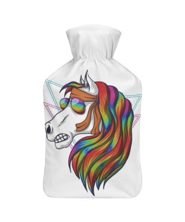 Horse Colorful Hot Water Bottle With Cover Plush Bed Bottle Hand Warmer For Adults And Children 26.5X15.3cm