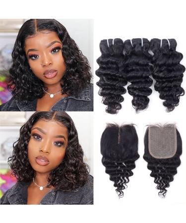 Deep Wave Bundles with Closure Brazilian Deep Curly Human Hair 3 Bundles with Closure(10 10 10+10) Middle Part 4x1 inch Hand-Tied Lace Closure Wet and Wavy Bundles with 4x4x1 Closure 50g/bundle 10 10 10+10 Closure Bundle...