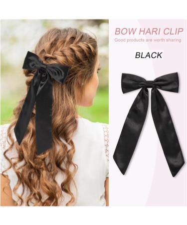 WantGor Long Tail Bow Hair Clips Hair Ribbon Bows Satin Bowknot Clip Large Hair Barrettes Cute Ponytail Holder Hair Accessories for Women Daily Party Wedding Prom (Black) - Buy Online on GoSupps.com