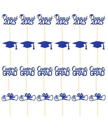 Fulenyi Graduation Cupcake Toppers 2023 24 Pack 2023 Graduation Cupcake Toppers | Glitter Class of 2023 Graduation Cupcake Toppers Diploma Grade Caps Cake Toppers Picks for Graduation Blue