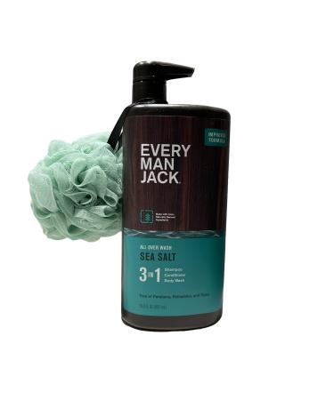 Every Man Jack Sea Salt Hydrating Men's 3-in-1 Body Wash and Shampoo and Conditioner - 28.8 fl oz Plus sponge bath loofah Clear