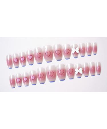 French Tip Press on Nails - Medium Ballet Press On Nails with Nail Tips white bowknot Love heart Design Powder blusher Glossy press on nails Acrylic False Nails Cute Artificial Nails - Buy Online on GoSupps.com