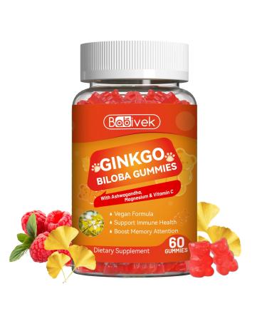 Babivek Ginkgo Biloba Gummies with Ashwagandha Vitamin C & Magnesium - Vegan Non-GMO Gluten-Free - Raspberry Flavor 60 Count