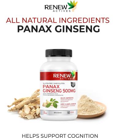 Renew Actives Panax Ginseng Supplement - 500mg Per Serving for Energy and Cognitive Function - Vegan Capsules, Gluten & GMO Free - Buy Online on GoSupps.com