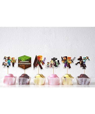 24 Pcs Pixel Style Miner Birthday Cake and Cupcake Toppers - Party Decor Supplies - Buy Online on GoSupps.com