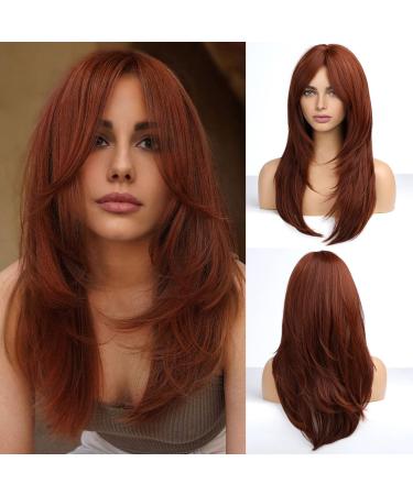 Haircube long dark auburn wigs for women synthetic layered wig with pony for daily party or cosplay 23 inch auburn