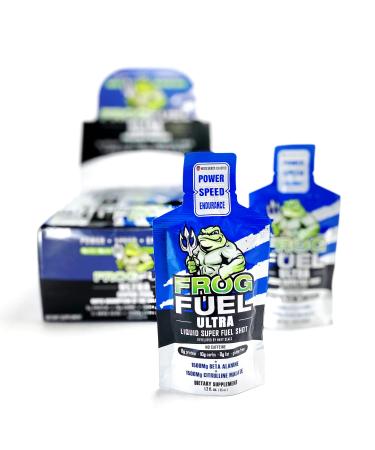 Frog Fuel Ultra Ready-to-Drink Pre-Workout Shot with Electrolytes, Beta Alanine, Citrulline Malate, Carbs, and Protein - Mixed Berry - 24 x 1.2oz Liquid Shots. Designed by Navy SEALs