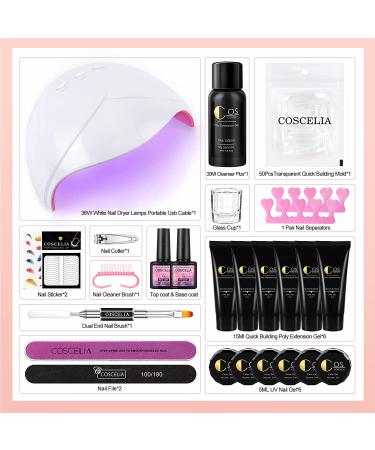 Poly Nail Gel Kit with 36W UV LED Lamp - 6 Nude Colors & 6 Glitter UV Gels, Base and Top Coat, Nail Art Gift Set for Women - Buy Online on GoSupps.com