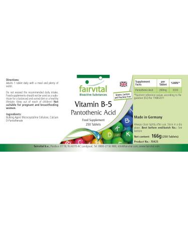 Fairvital | Vitamin B5 pantothenic acid 200mg - 8 months cure - VEGAN - High dosed - 250 tablets - Buy Online on GoSupps.com