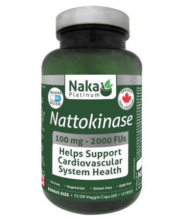 Nattokinase Supplement Capsules Jumbo Bonus Size 75 Veggie Capsules (60 + 15 Free) 100 mg - 2000 FUs Delayed Release | Helps Support Cardiovascular Health Made in Canada 75 count (Pack of 1)