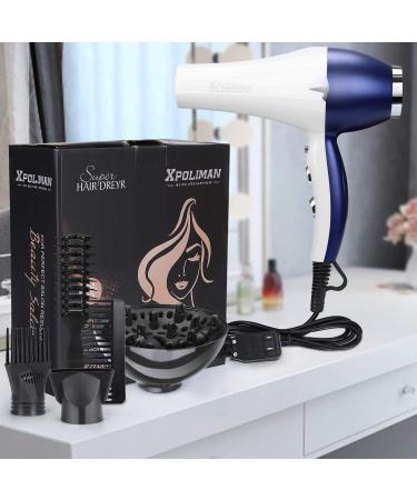 Professional Salon Hair Dryer 2000W with Negative Ionic Technology | Fast Drying, Low Noise | Includes Diffuser, Concentrator & Styling Pik | 2 Speed, 3 Heat Settings | AC Motor | WhiteBlue - Buy Online on GoSupps.com