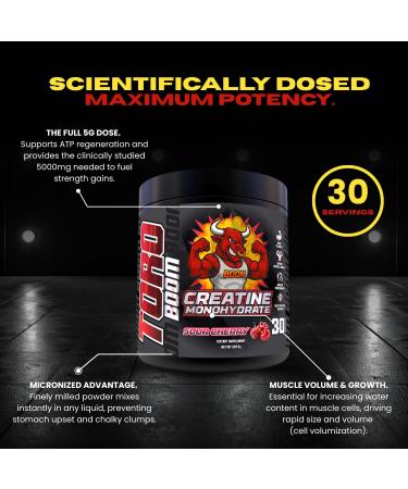 TORO BOOM Micronized Creatine Monohydrate Powder - Pure Filler-Free Muscle Growth & Max Strength Supplement - Made in USA - 30 Servings. (Cherry) - Buy Online on GoSupps.com