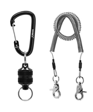 SAMSFX Fishing Strongest Magnetic Net Release Magnet Clip Holder Retractor with Coiled Lanyard Textured Grip Magnet, Black