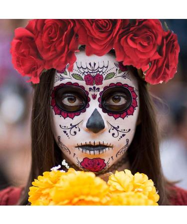Day of The Dead Sugar Skull Face Temporary Tattoos Set with Flower Crown Headband - Perfect for Halloween Masquerade Party - Buy Online on GoSupps.com