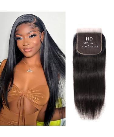 5x5 Closure Human Hair Straight Hd Transparent Free Part With Baby Hair Deep Part Only Brazilian Pre Plucked 5 By 5 Premium Silk Unprocessed Virgin Human Hair Natural Color 8 Inch 8 inch 55ST-Natural Color