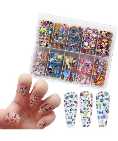 10 Rolls Cute Cartoons Nail Foil Transfer Stickers Nail Art Supplies Designer Nail Stickers Holographic Nail Art Foil Decals Cartoon Designs for Women Kids Girls Acrylic Nails DIY Decoration Decals