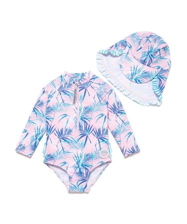 BONVERANO Baby Girls Swimsuit Toddler Bathing Suit Long-Sleeve Zipper One Piece Swimwear with UPF 50+ Sun Protection 2-3 Years Blue Leaf