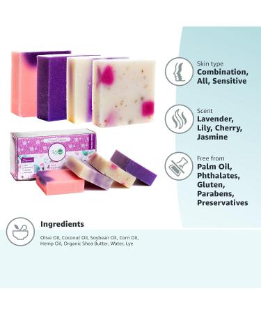 360Feel Floral Soap Bar Set - Lavender Lilac Hydrangea Scents - Handmade Natural Organic with Essential Oils - Perfect Anniversary Wedding Gift - 5 oz (Pack of 4) - Buy Online on GoSupps.com