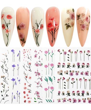 Spring Flower Nail Art Stickers Decals Self-Adhesive Pegatinas Uas Cherry Blossom Floral Willow Morning Glory Design Manicure Tips Nail Decoration for Women Girls 6 Sheet Flower B