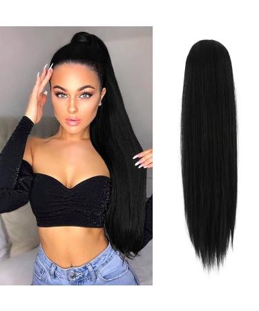65cm Long Straight Wrap Around Ponytail Extension Synthetic Hair Extension Hairpiece for Women 125g (Black)