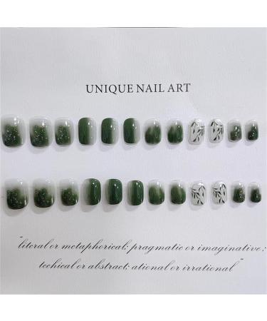 Press on Nails Short Fake Nails 24Pcs Shiny Green Halo Dyed Silver Edge False fingernail with Self-Adhesive Jelly Nail Glue Tabs Press On False Nails - Buy Online on GoSupps.com