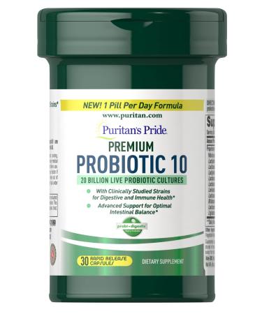 Puritan's Pride Premium Probiotic 10 20 Billion CFU Clinically Studied Culture Strains Dietary Supplement for Digestive Gut and Immune Health 1 Month Supply 30 Rapid Release Capsules