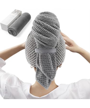 Large Microfiber Hair Towel Wrap for Women, Anti Frizz Hair Drying Towel with Elastic Strap, Fast Drying Hair Turbans for Wet Hair, Long, Thick, Curly Hair, Super Soft Hair Wrap Towels Dark Gray B-gray