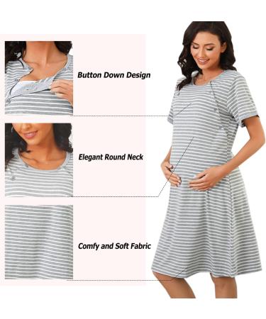 Sykooria Maternity Nightdress Nursing Nightgown - Short Sleeve Breastfeeding Sleep Shirt for Pregnant Women - Stripe Light Grey - Size L - Buy Online on GoSupps.com