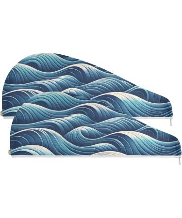 Ocean Wave Hair Towel 2 Pack - Super Absorbent Quick Dry Turbans for Women & Girls | International Shipping Available - Buy Online on GoSupps.com