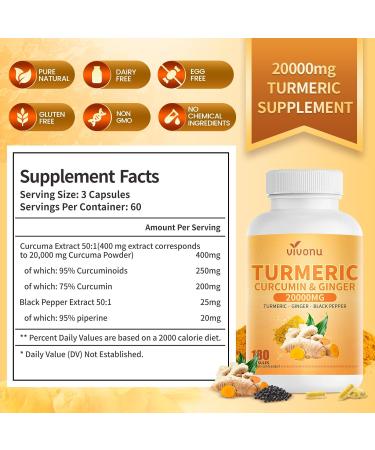 20000mg Turmeric Curcumin Supplement with Black Pepper 180 Capsules 95% Curcuminoids Turmeric and Ginger Supplement Herbal Supplement for Antioxidant Anti-inflammatory* Immunity Comfort Joint* - Buy Online on GoSupps.com