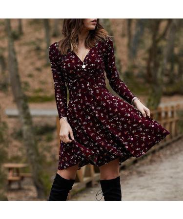 Ronony Women s Retro Deep Dress - Elegant Swing Midi Dress with Pockets Vintage High Waist Party & Summer Clothes in Red Wine Bohemian Style - XL - Buy Online on GoSupps.com