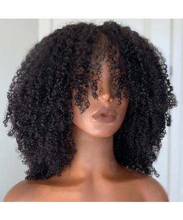 walnut hair Afro Kinky Curly Human Hair Wig with Bangs Full Machine Made Scalp Top Wig Glueless Virgin Brazilian Afro Curly Wigs for Black Women 200 Density Natural Color 14 inch