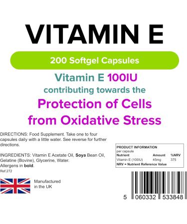 Lindens Vitamin E Oil 100IU - 200 Capsules - UK Made - Skin - Powerful Antioxidant | Protection of Cells from Oxidative Stress | Vitamin E Capsules | Letterbox Friendly - Buy Online on GoSupps.com