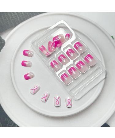 24Pcs Sparkly Breast Cancer Awareness Press-On Nails - Short Square Fake Nails with Pink Glitter & Ribbon Design for Women & Girls - Buy Online on GoSupps.com