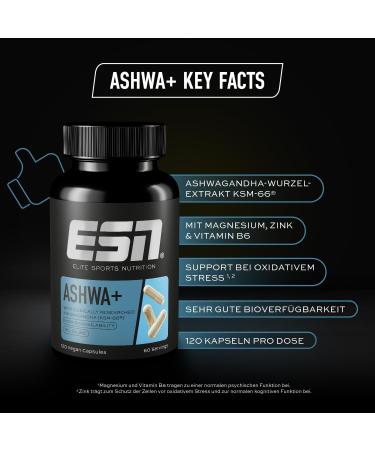 Shop ESN Ashwa + - Premium Ashwagandha KSM-66 Capsules | Vegan Anti-Stress Formula with Magnesium Vitamin B6 & Zinc | 120 Capsules Made in Germany - Buy Online on GoSupps.com