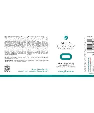 EnergyBalance Alpha Lipoic Acid Capsules - Vegan & Gluten-Free Antioxidants - 180 VegeCaps 250mg - Buy Online on GoSupps.com