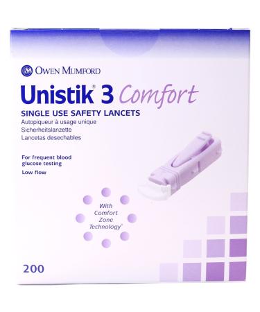 Unistik 3 Comfort Safety Lancets - Box of 200-28G with 1.88mm Penetration Depth
