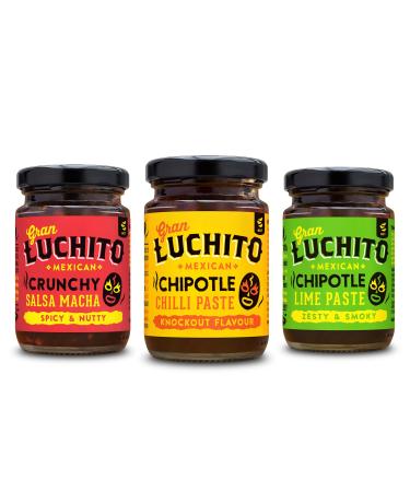 Gran Luchito Mexican Chili Gift Set Box of Three Jars Chipotle Paste Salsa Macha and Chipotle Lime - Buy Online on GoSupps.com