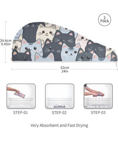 Super Absorbent Cartoon Little Cats Hair Towel 2 Pack | Quick Dry Hair Turbans for Women & Girls - Buy Online on GoSupps.com
