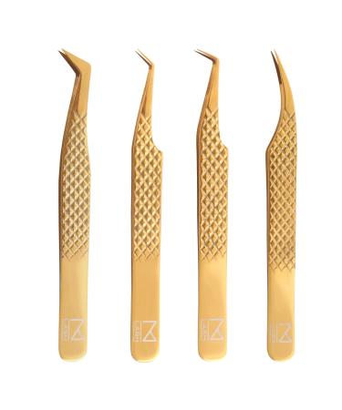 M LASH - Nano Fiber Tip - Diamond Grip Eyelash Exension Tweezer Set - V5 Professional Lash Tool (Gold)