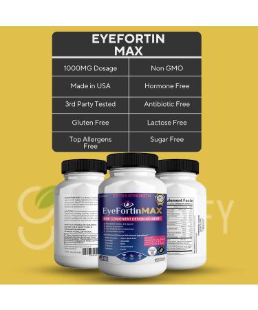 GREENVIFY EyeFortin MAX Eye Health Supplement 60 Capsules Extra Strength with Lutein Vitamins A C E B12 Bilberry Extract 30 Day Supply (1) - Buy Online on GoSupps.com
