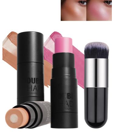 Sandwich Cream Blush Stick for Cheeks 2Pcs Multi-Use Makeup Blush Stick for Eyes Lips Face Longlasting Tinted Moisturizer Matte & Shimmer Blush Finish Natural Glow Blendable Blusher with Brush-01+06 01#+06#