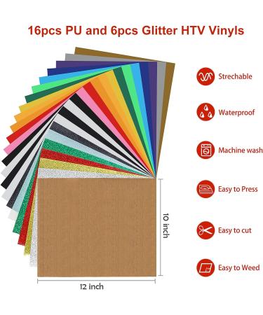 22 Pack Iron on Vinyl Heat Transfer Sheets for T-Shirts | Assorted Colors & Glitter | Works with Cricut Silhouette Cameo | 10in x 12in - Buy Online on GoSupps.com