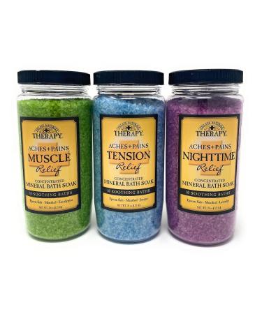 Village Naturals Therapy Mineral Bath Soak Variety Set 3 Pack - Restless Nights, Aches & Pain, Stress & Tension (20oz Jars)